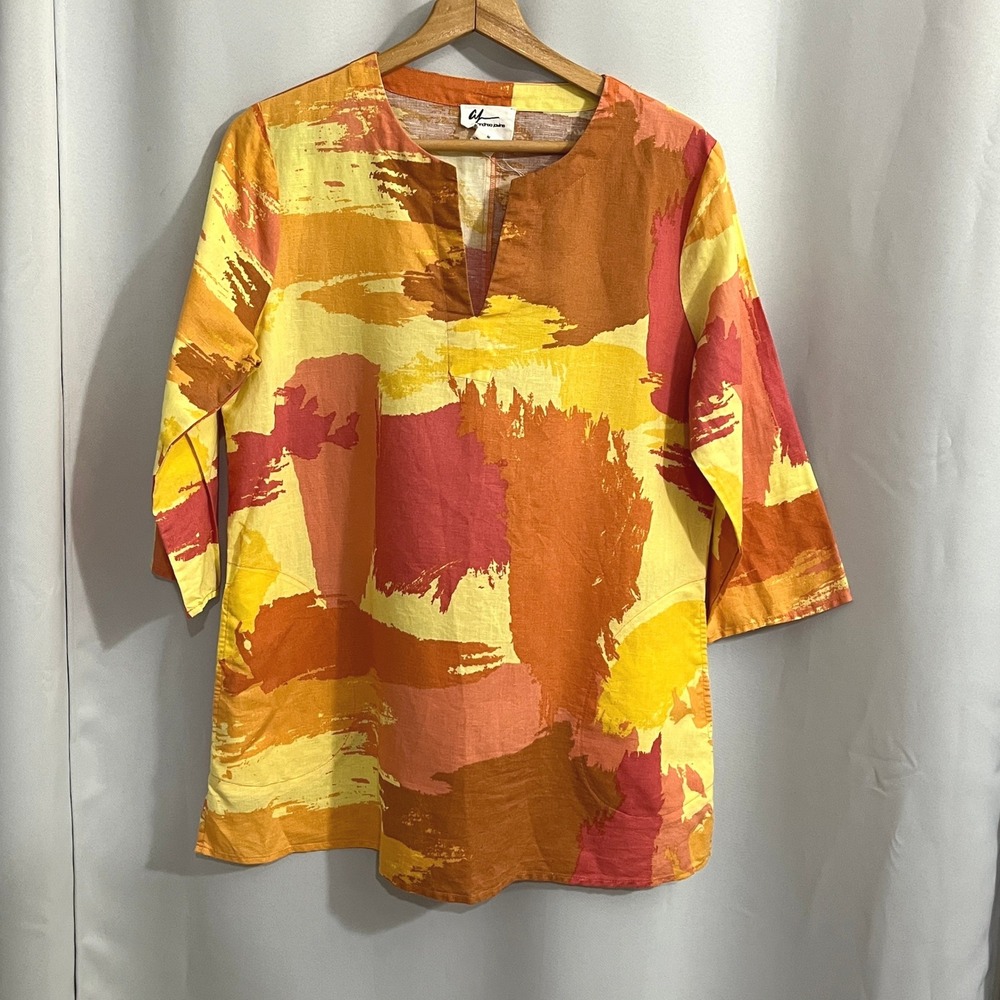 Andrea Jovine Tunic Womens M Yellow Abstract Brushstroke Linen Blend Artsy Top